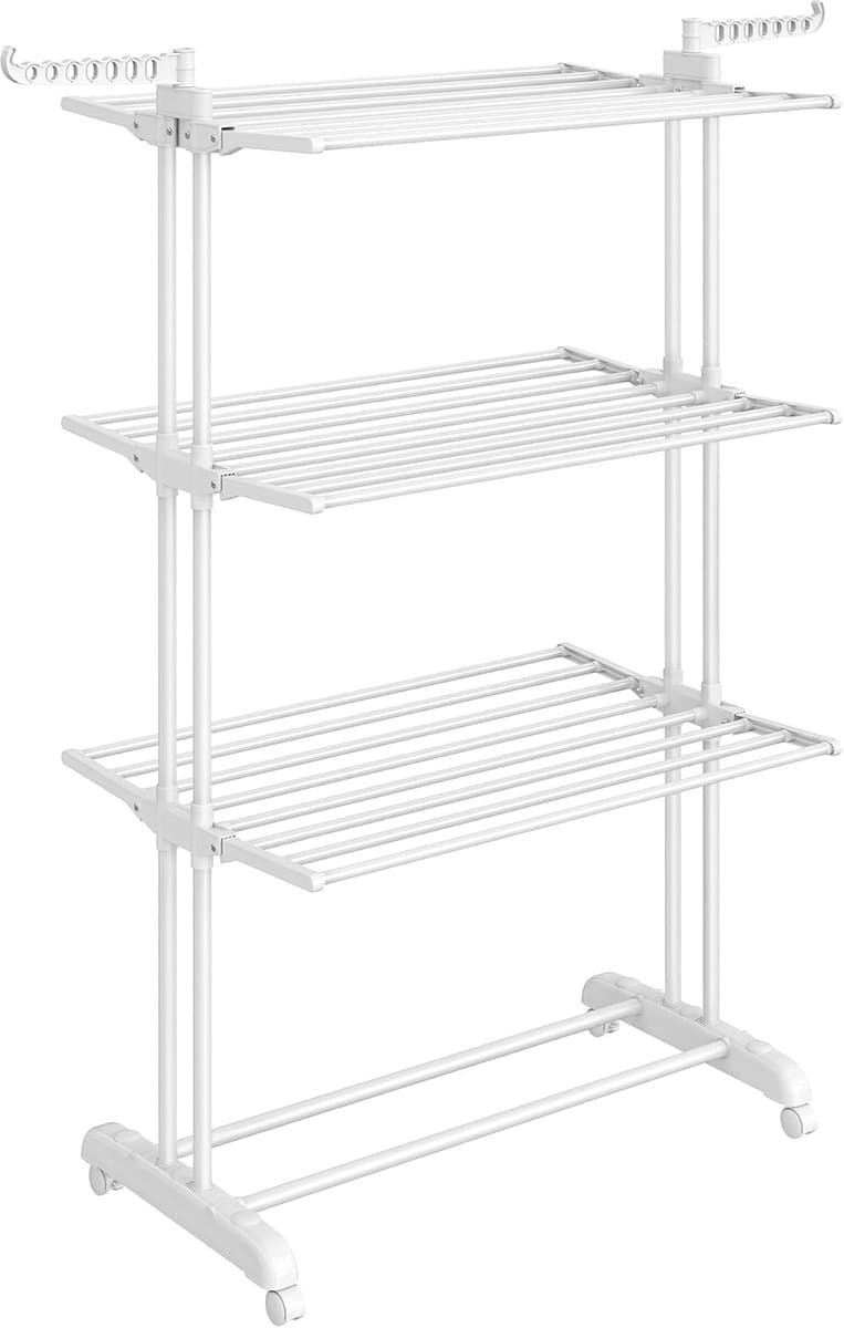 SONGMICS Droogrek, staand droogrek, 4 niveaus, vleugelwasrek, inklapbare vleugels, met wieltjes, 63,5 x 128 x 173 cm, groot, eenvoudige montage, voor binnen en buiten, wolkenwit — afbeelding 1