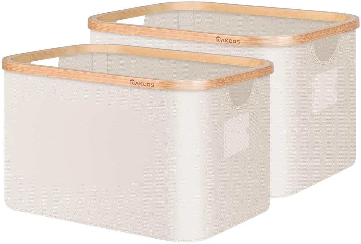 DAKCOS 2 stuks opbergmand wasmand opbergdozen van bamboe stoffen dozen dozen opvouwbare manden; 32L, beige — afbeelding 1