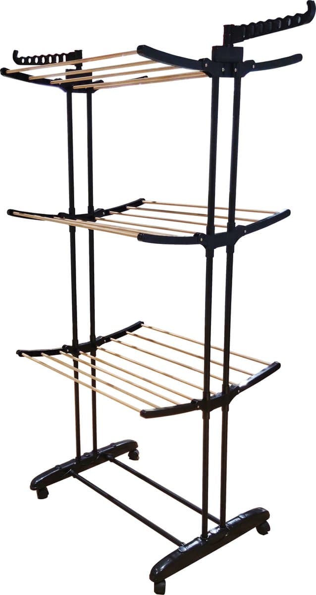 Droogrek 3 Lagen - Wasrek - Perfect voor groot en klein wasgoed - zwart/hout - Droogtoren - Aqua Laser — afbeelding 1