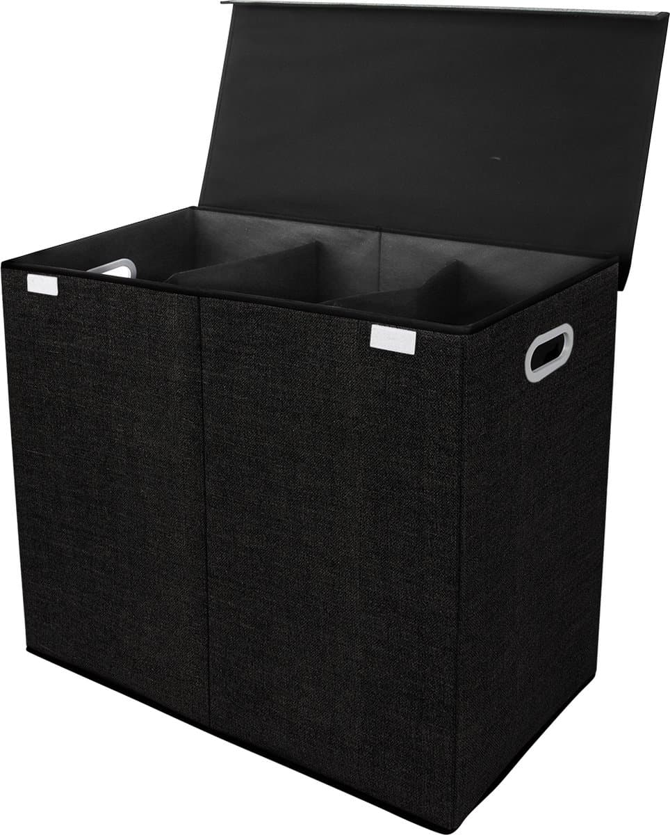 Zonovi Wasmand – Drie Vakken Met Deksel – 3 in 1 Wasmand - Sorteer Wasmand - Opvouwbaar – Wassorteerder – Dichte Wasmand - Dubbele Wasmand – Laundry Basket – Wasbox – Organizer Kleding - Stof – Zwart - Zwarte – 110L — afbeelding 1