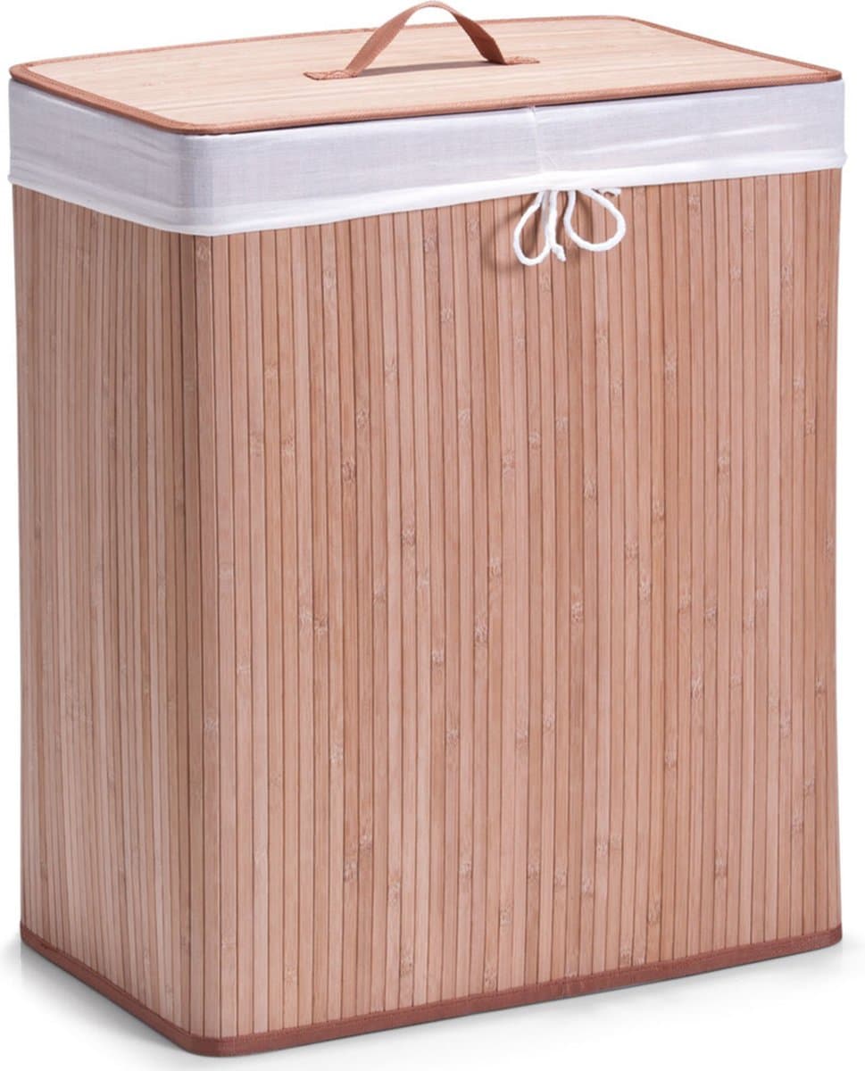 Zeller Luxe dubbele wasmand van bamboe hout - 52 x 32 x 63 cm - Wasgoedmanden/wasmanden - 104 liter — afbeelding 1