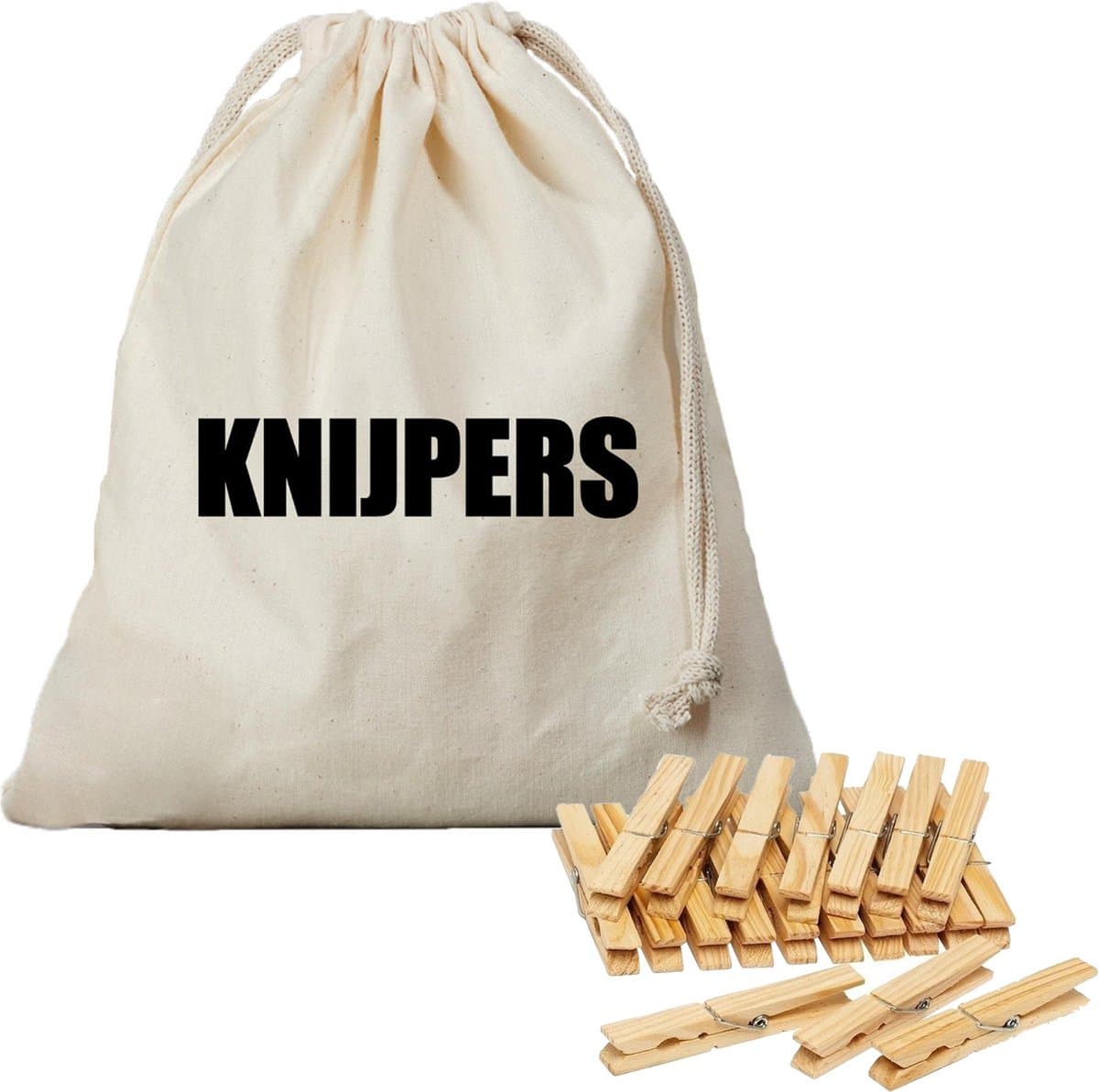 Canvas knijperzak - opbergzakje knijpers - naturel - met koord - 25 x 30 cm - en 100 houten wasknijpers - Knijperzak met knijpers — afbeelding 1