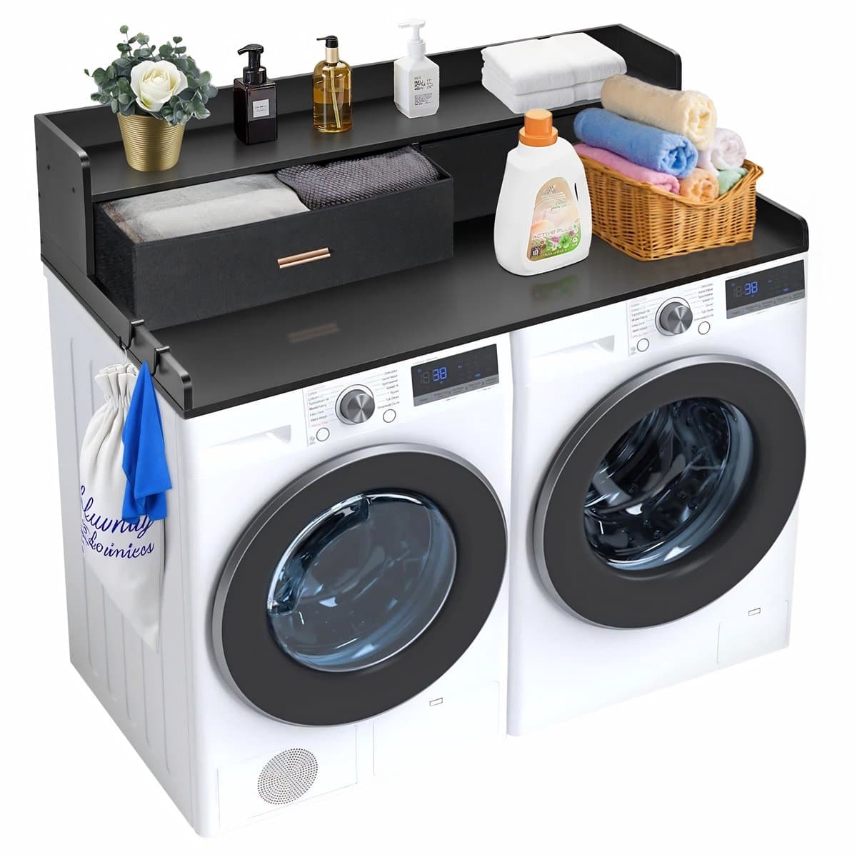 Wasmachine Ombouw met Lade & Opbergrek – Wasdroger Aanrecht – Wasmachine Verhoger met Werkblad en Haken – Wasruimte Organizer – 134x70 cm – Zwart — afbeelding 1
