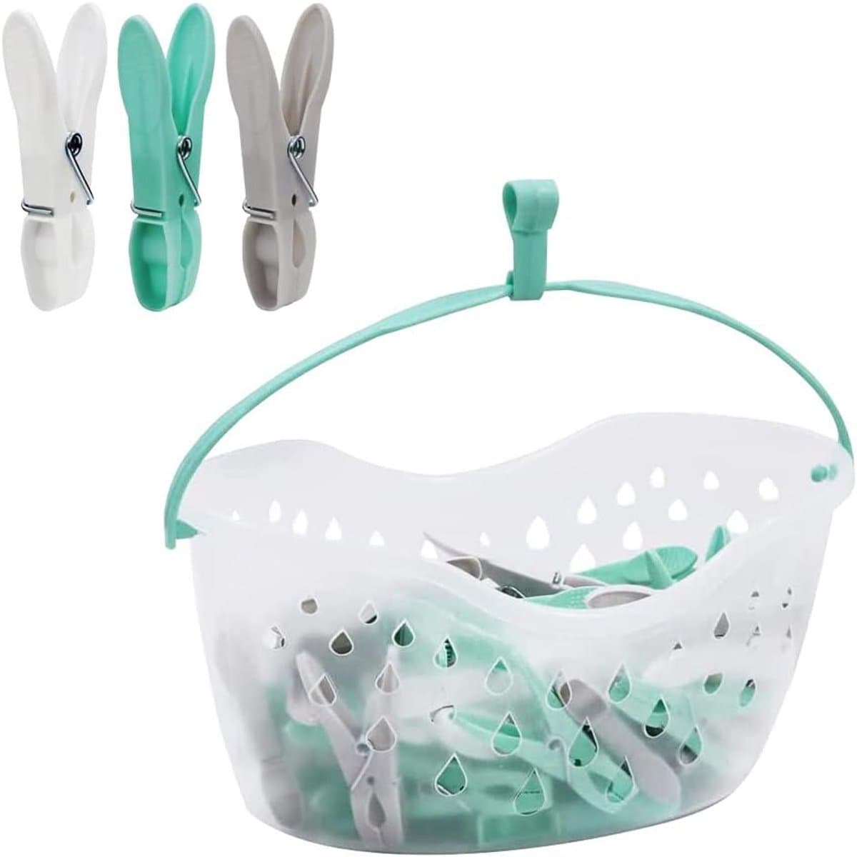 36 Plastic Clothespins with Pen Basket for Clothesline with Hanger Weatherproof Bucket with Drainage Holes | Convenient Laundry Solution | Aqua Blue, Black & Clear Basket — afbeelding 1
