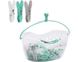 36 Plastic Clothespins with Pen Basket for Clothesline with Hanger Weatherproof Bucket with Drainage Holes | Convenient Laundry Solution | Aqua Blue, Black & Clear Basket