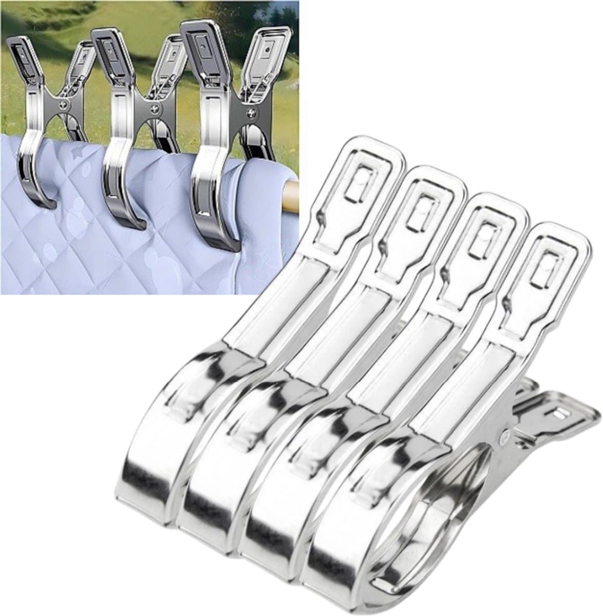 4 Stuks Metalen zwembadafdekkingsklem - Groot winddicht ontwerp - Strandlakenklem - Deken-/kledingklem - 14*2,3*9 cm - Geschikt voor het vastzetten van spullen in zwembaden, op ligstoelen, op cruiseschepen en in zonneweiden - Zilver. — afbeelding 1