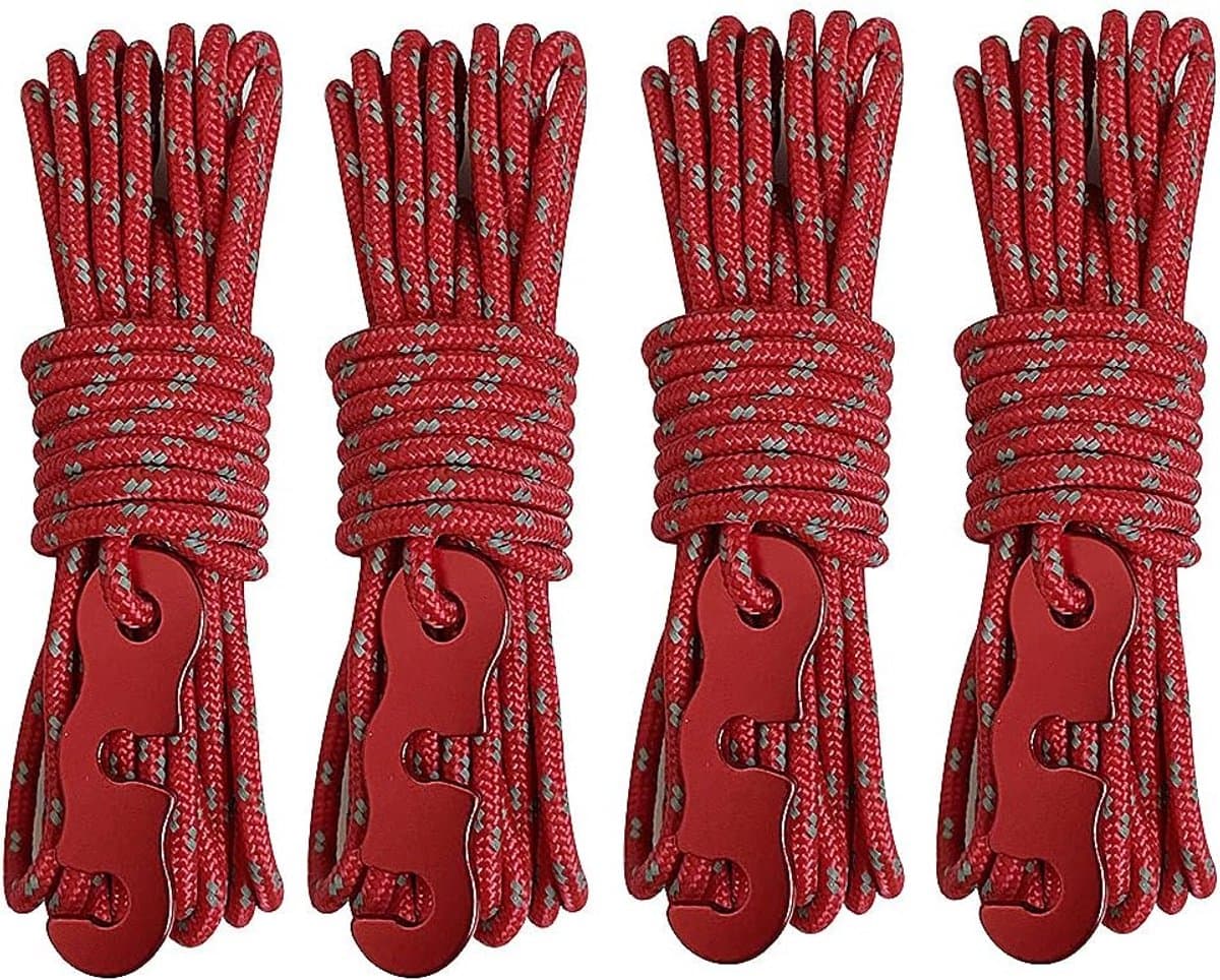 Tentscheerlijnen met spanners en touwverstellers — 4 mm x 4 m reflecterend koord — Ideaal voor kamperen, wandelen, luifels en buitenactiviteiten (Rood) — afbeelding 1