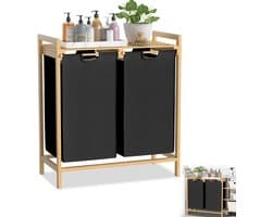 Froadp Wasmand bamboe frame 2 vakken 36 l 73 x 64 x 33,5 cm Wasmand met opbergvak Waszak Wasbox van Oxford-stof Wasbak houten waszakken voor wasruimte slaapkamer - zwart