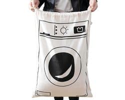 Waszak - Met Wasmachine Print - 50 x 60 cm - Grote waszak - Wasgoed Opbergtas met Trekkoord - Badkamer Was Zak - Laundry Bag - Reiswaszak - Waszakken voor wasgoed - Opbergtas - Waszakken - Wit/Zwart