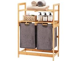 Bamboe Wasmand met Uittrekbare Zakken en Planken - Grijs - Voor Slaapkamer, Badkamer en Waskeuken