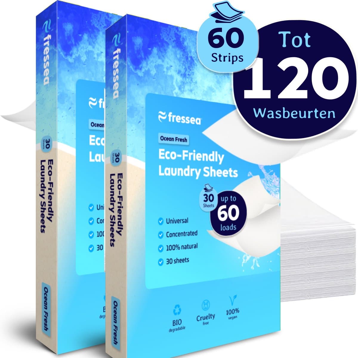 Fressea Wasstrips 120 Wasbeurten - Wasmiddel Strips - Plasticvrij & Vegan Wasmiddeldoekjes (Zeebries) — afbeelding 1