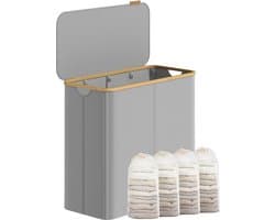SONGMICS - Wasmand - Wasmand met 4 Vakken - Opvouwbare Wasverzamelaar met Deksel - Bamboe Handgrepen