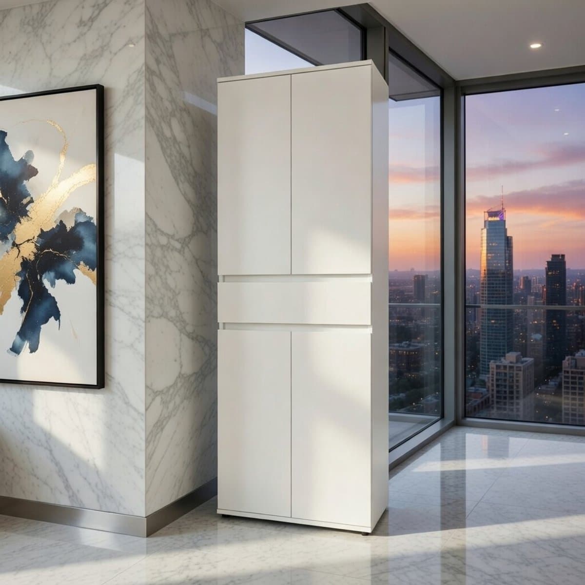 Slimline Opbergkast 60 cm – Hoge multifunctionele kast met 4 deuren en lade – Smalle witte kast met 3 planken voor woonkamer, slaapkamer, kantoor en huishoudgebruik – Compacte, ruimtebesparende opbergoplossing 64x34x180 cm NoViHome — afbeelding 1