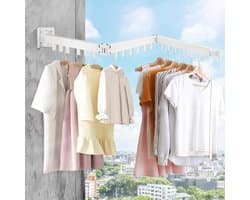 Drying Rack - Wall Mounted Clothes Rail - 120 cm Extendable Folding Clothes Rack - 18 Hanging Hooks for Balcony - Laundry Room - Bathroom - Bedroom - 3 Folding Heats - White