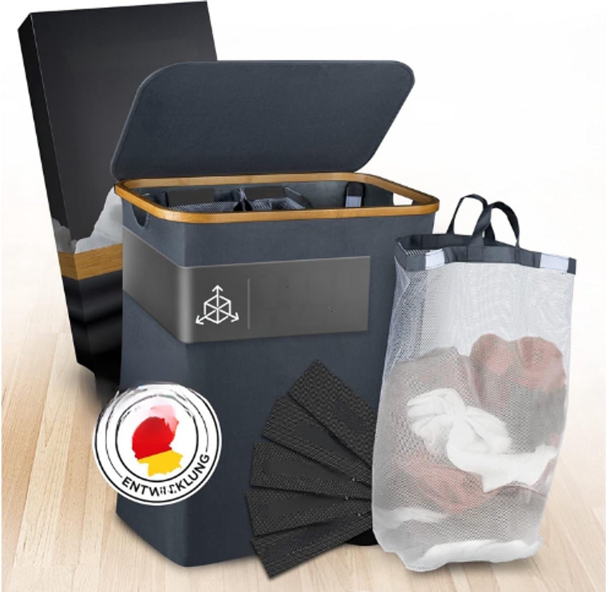Thuys – Wasmand Met Deksel 145L – Waterafstotende Wasverzamelaar – 3 Compartimenten – Met Afneembare Waszakken — afbeelding 1