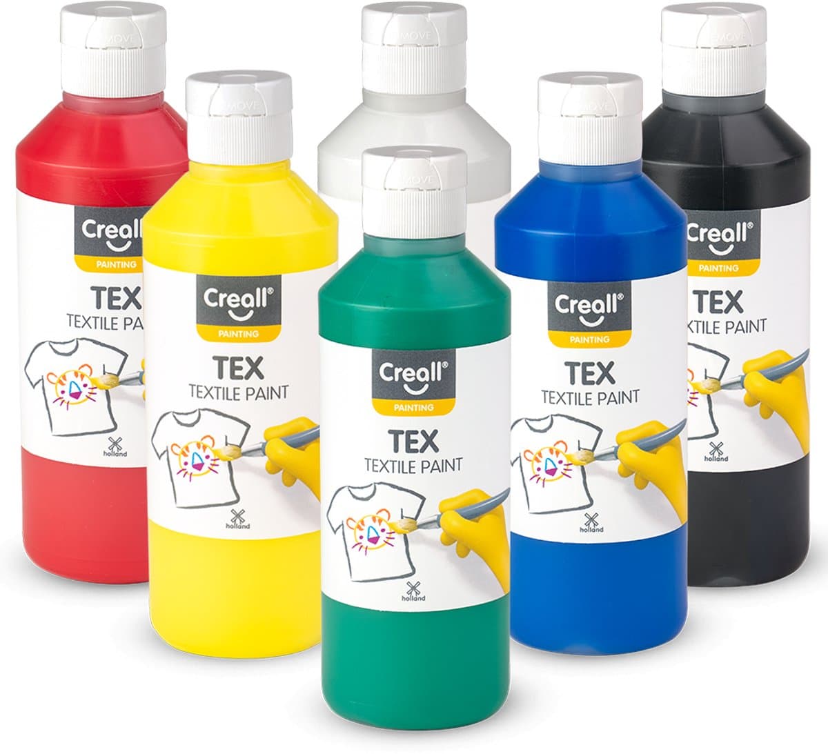 Creall Tex - Textiel- & Stoffenverf - Assortiment set met 6 kleuren - 6 x 250ml - Machine wasbaar na fixatie - Voor T-shirts, jeans, schoenen, stoffen tassen, meubels en auto-interieurs/hemelbekleding - Gemaakt in NL - Glutenvrij — afbeelding 1