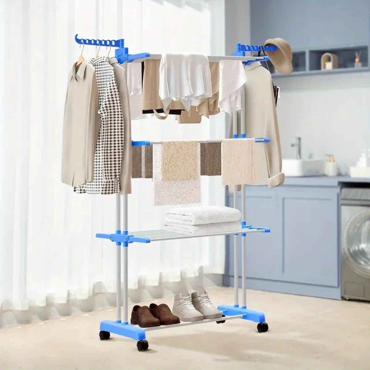 Opvouwbaar Droogrek met 3 Niveaus – 176 cm Hoog – Verrijdbaar en Ruimtebesparend – Blauw/Wit — afbeelding 1