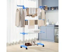 Opvouwbaar Droogrek met 3 Niveaus – 176 cm Hoog – Verrijdbaar en Ruimtebesparend – Blauw/Wit