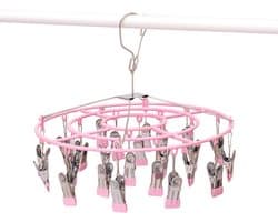 Droogrek voor kleding en sokken van roestvrij staal met 24 clips, draaibare haak en winddichte hanger voor sokken, bh's, handdoeken, ondergoed, wasgoed, hoeden, sjaals, broeken en handschoenen (roze clips) — afbeelding 1