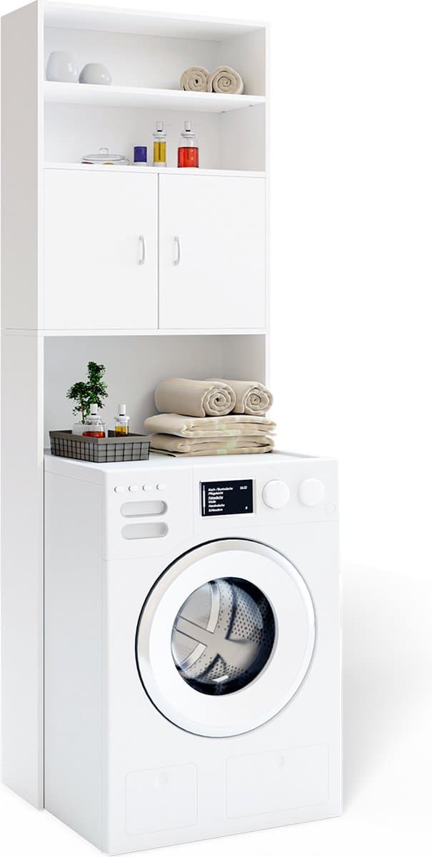Casaria Wasmachinekast Neapel – 3 Legplanken en 2 Deuren – 185x63x20cm – Wit — afbeelding 1
