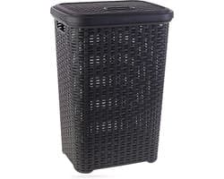 Plasticforte Wasmand met deksel - 60 liter - antraciet - rotan - kunststof - L35 x B43 x H62 cm