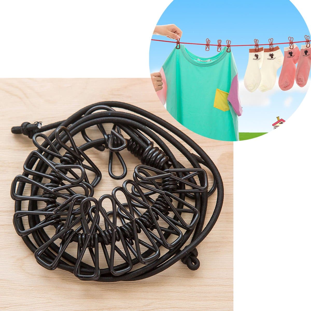 2 stuks - draagbare kampeer waslijn - Elastische waslijn - Kampeerwaslijn - kampeeraccessoires - Reis waslijn - Waslijn - Zwart — afbeelding 1