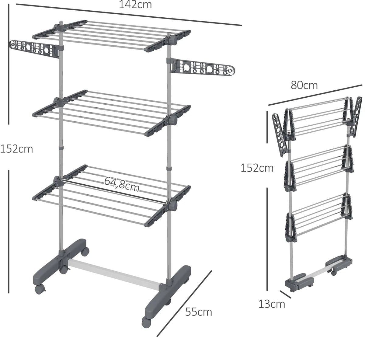 Pugsdrly Wasrek wasdroger. 4 niveaus, inklapbaar, one-click-systeem, 142 cm x 55 cm x 152 cm blauw + zilver — afbeelding 1