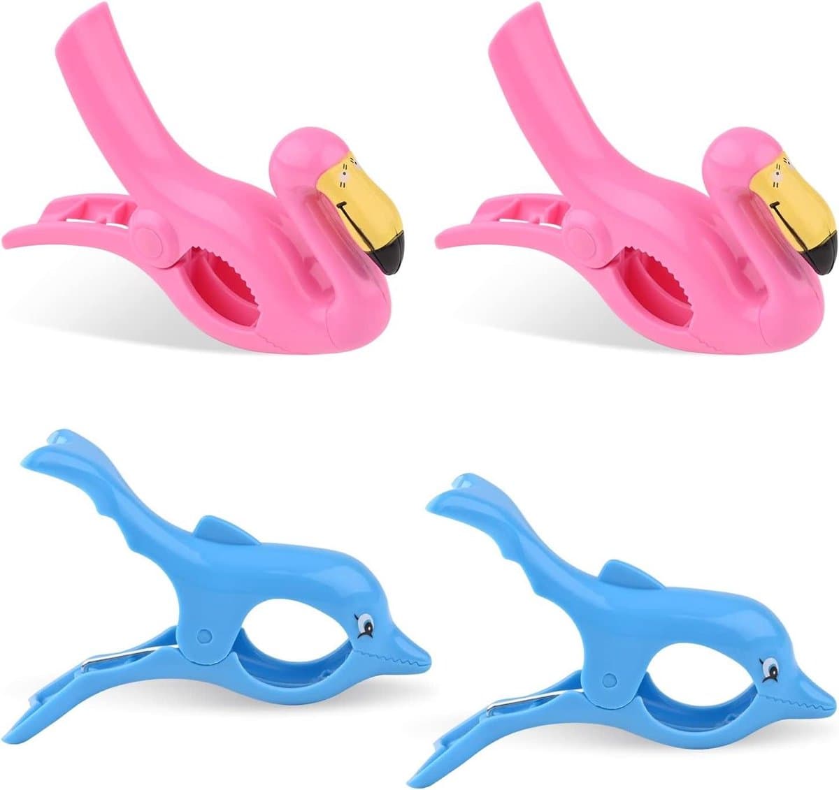 JGS Premium - Grote strandhanddoekklemmen 4 stuks - Winddicht - Flamingo en dolfijnen - Badhanddoek klemmen - Kunststof - Quiltclips - Strand accessoires — afbeelding 1