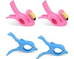 JGS Premium - Grote strandhanddoekklemmen 4 stuks - Winddicht - Flamingo en dolfijnen - Badhanddoek klemmen - Kunststof - Quiltclips - Strand accessoires