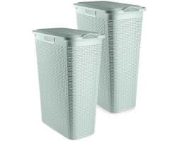 Plasticforte Smalle Wasmand met deksel Rotan - 2x - groen - gevlochten kunststof - 48 liter - 27 x 46 x 60 cm — afbeelding 1