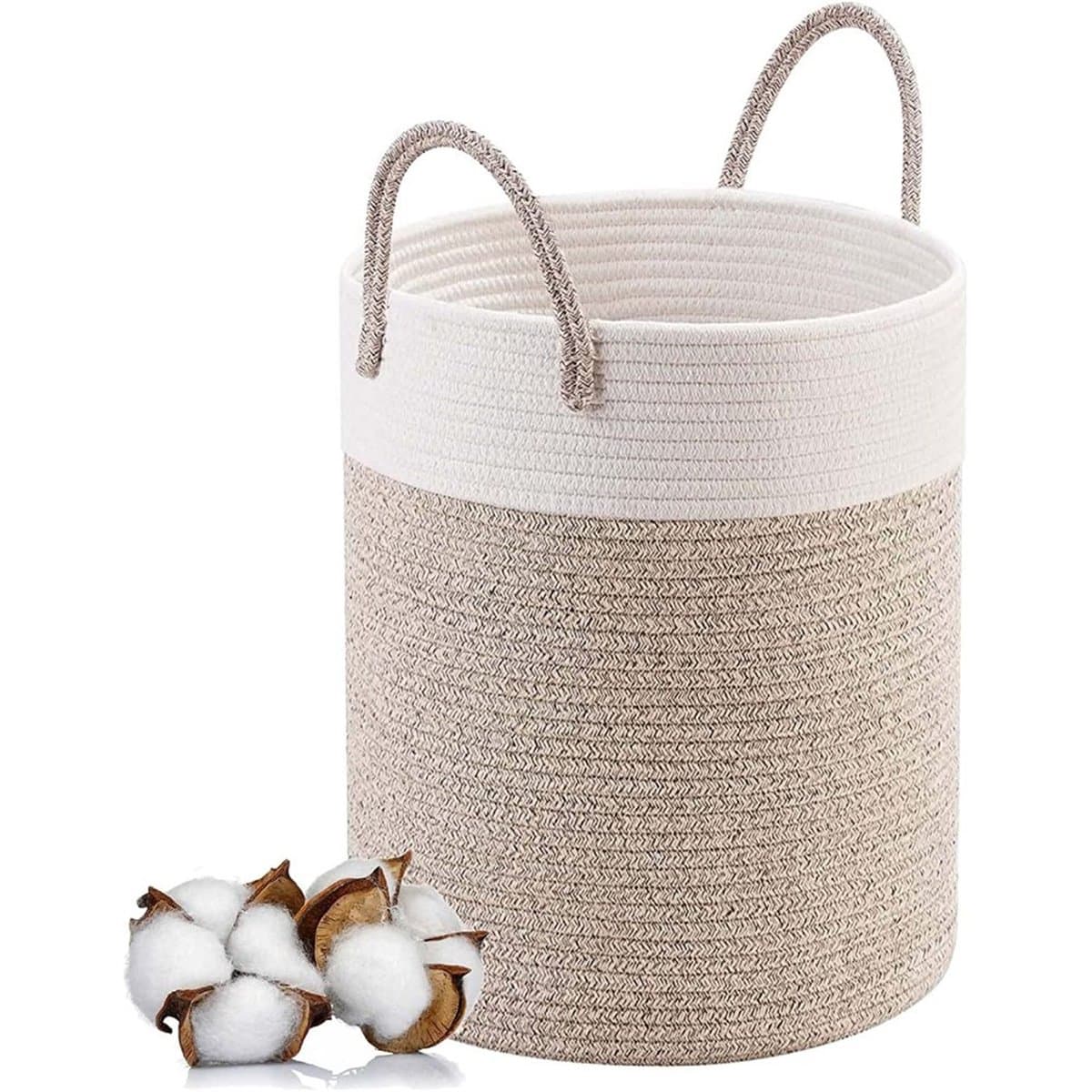 Wasmand Katoen - Opbergmand 40 ltr - Gevlochten mand - Wasmand opvouwbaar - Met handvaten - 100% Handgeweven Biologisch Katoen - Dekenmand - Speelgoedmand - Stevig - Linnen-look - Wit/Beige — afbeelding 1