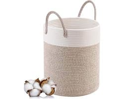 Wasmand Katoen - Opbergmand 40 ltr - Gevlochten mand - Wasmand opvouwbaar - Met handvaten - 100% Handgeweven Biologisch Katoen - Dekenmand - Speelgoedmand - Stevig - Linnen-look - Wit/Beige — afbeelding 1