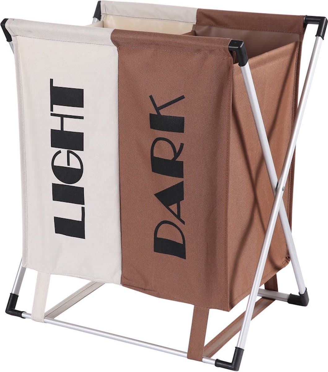 Wassorteerder - 60 L - Wasmand 2 Vakken - Opvouwbare Wasmanden - Wassorteerder 2 vaks - Aluminium Frame - Bruin - Wit — afbeelding 1