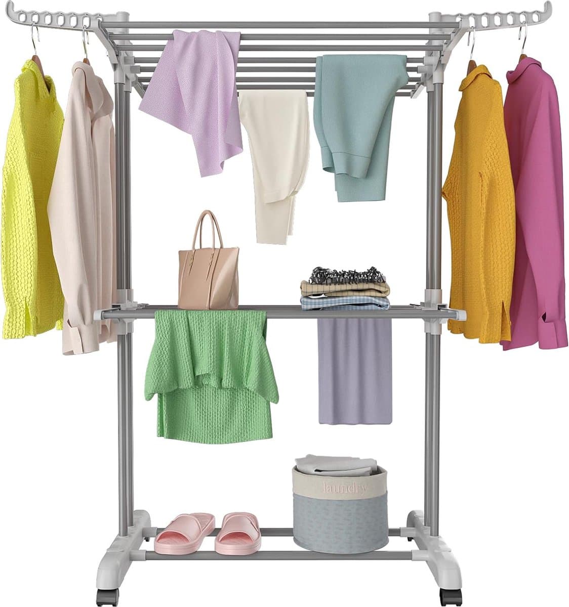 Droogrek met wieltjes, multifunctioneel droogrek met 3 verdiepingen, tower, inklapbaar, klein wasrek, ruimtebesparend met vleugels, voor binnen en buiten (lichtgrijs) — afbeelding 1