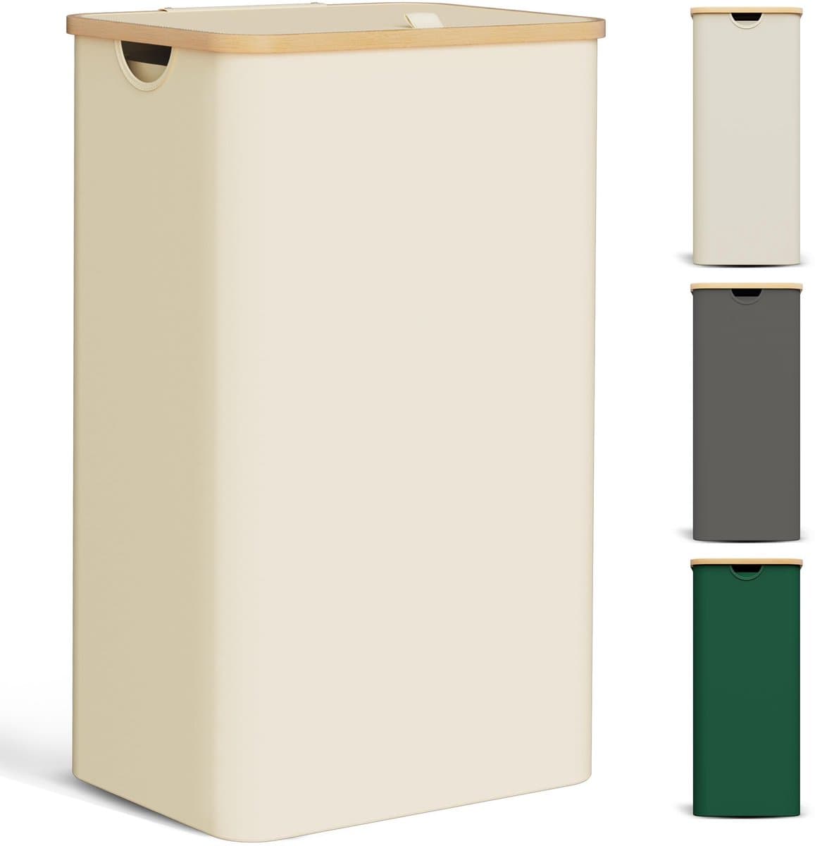 Wasmand met deksel, 85 liter, smal, met waszak, groot, opvouwbaar, hout, bamboe, wasmand, hoog, beige — afbeelding 1