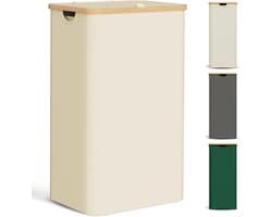 Wasmand met deksel, 85 liter, smal, met waszak, groot, opvouwbaar, hout, bamboe, wasmand, hoog, beige