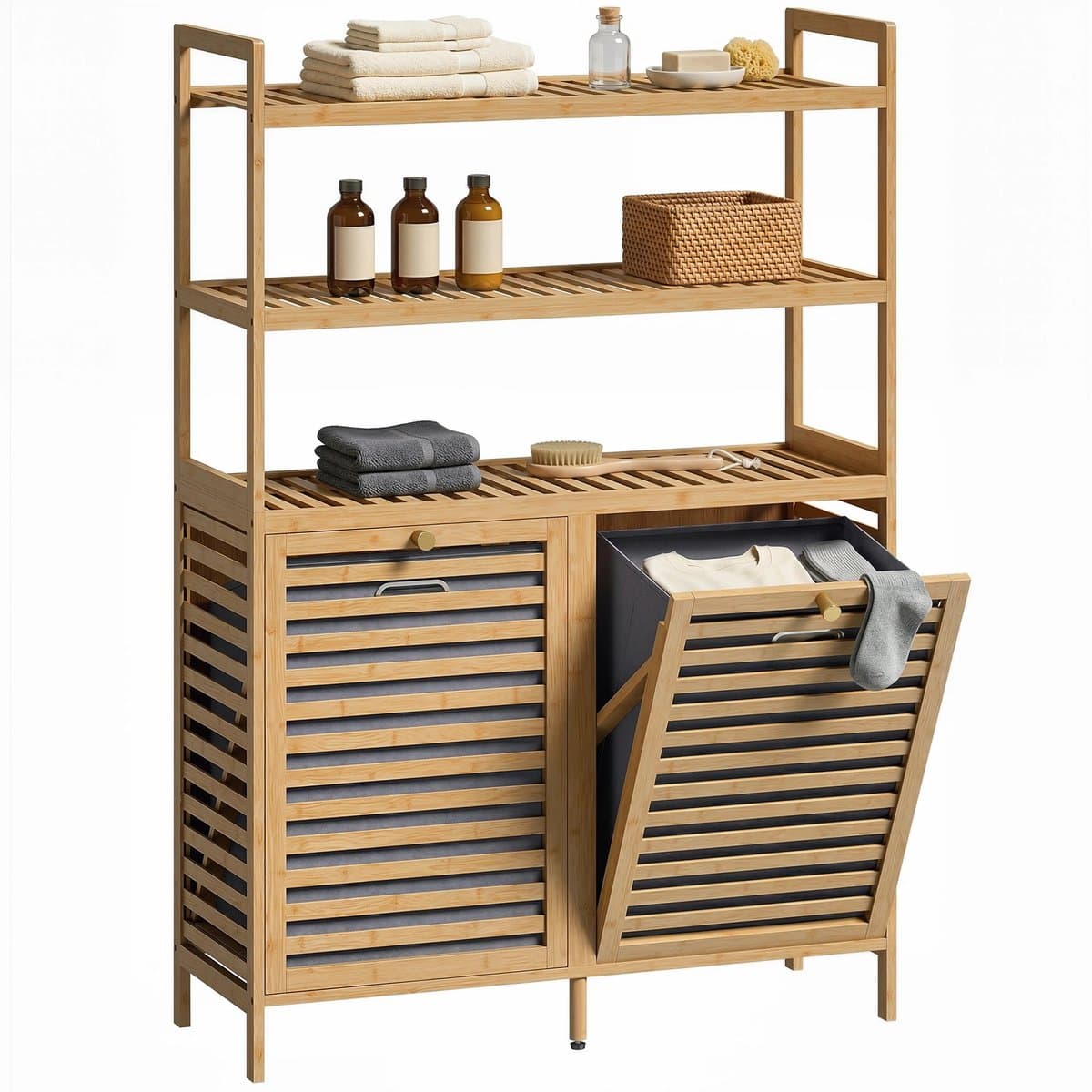 Bresht Wasmand kast - Waskast - Wasmand - Natuurlijk Bamboe - 3 Open opbergplanken - 2 wasmanden 38,7 Liter - 80 × 30 × 118 cm — afbeelding 1