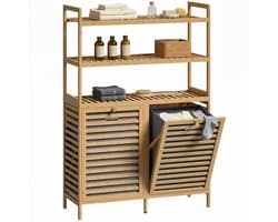 Bresht Wasmand kast - Waskast - Wasmand - Natuurlijk Bamboe - 3 Open opbergplanken - 2 wasmanden 38,7 Liter - 80 × 30 × 118 cm