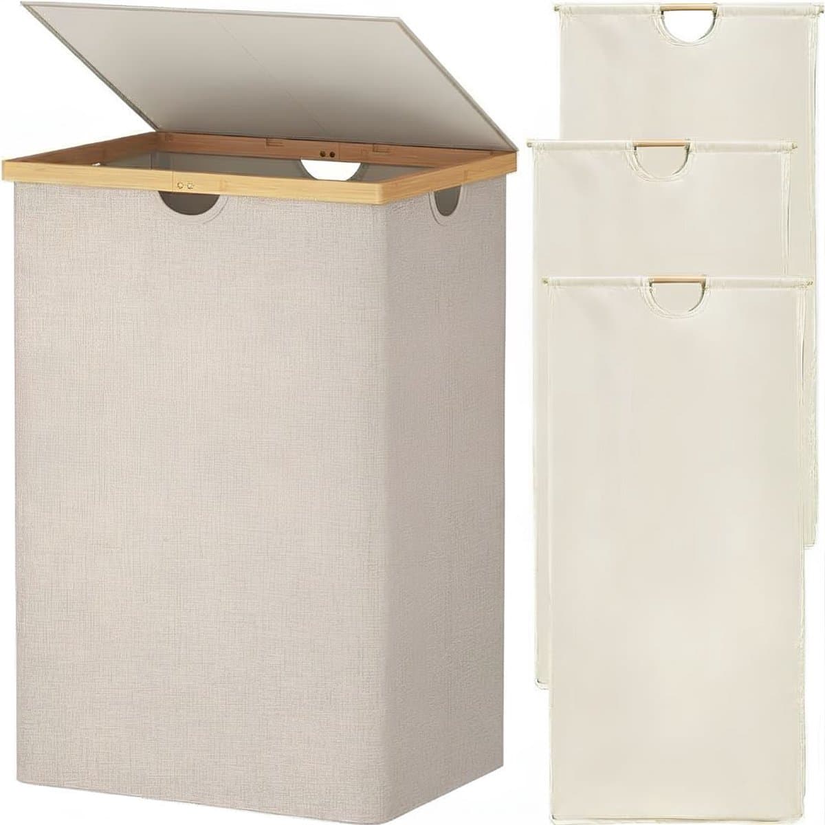 SP® Wasmand - 170L - Wasmand 3 Vakken - Wasmand met Deksel - Beige - 54cm x 40cm x 80cm — afbeelding 1