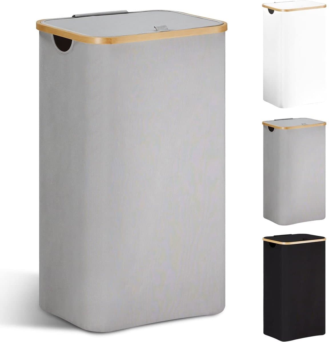 Dailygoods - YOUDENOVA Wasmand met deksel, 85 liter, wasverzamelaar, smal, met waszak, opvouwbare wasmand, hout, bamboe, wasmand, hoge wasmand, grijs — afbeelding 1