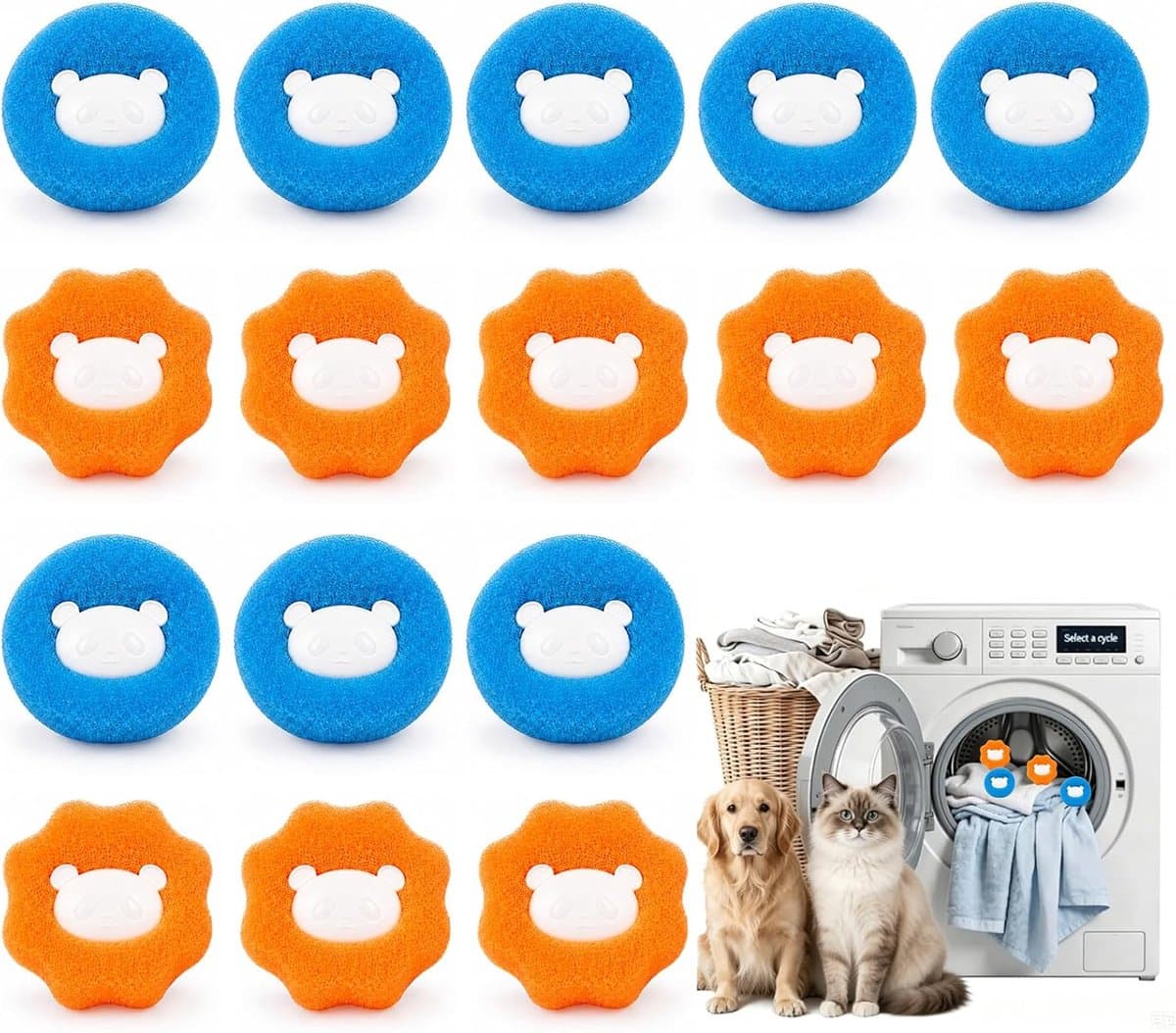 Wasballen voor wasmachine - 16 stuks - Drogerballen - Herbruikbare Pluizenbollen & Haarvanger Spons - 5 cm - voor Wasmachine, Droger, Kleding, Honden & Katten - Oranje & Blauw — afbeelding 1