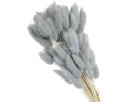 Gedroogde hazenstaart, 15,7 inch, 70 stuks, natuurlijke zachte kunstmatige gedroogde konijnenstaart, voor woondecoratie, bohovaas, bruiloft, grijsblauw
