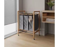 Bamboe Wasmand op Wielen met 3 Vakken - 90L Wasverzamelaar - Verrijdbare Wassorteerder - Grijs