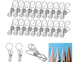 SnelShoppen - 100 Stuks Kledingknijpers RVS, 2 in 1 | Inclusief 50 RVS Rings, Zilver, Stabiel, Roestvrij, Voor Handdoeken, Kleding, Sokken, Waslijn, K