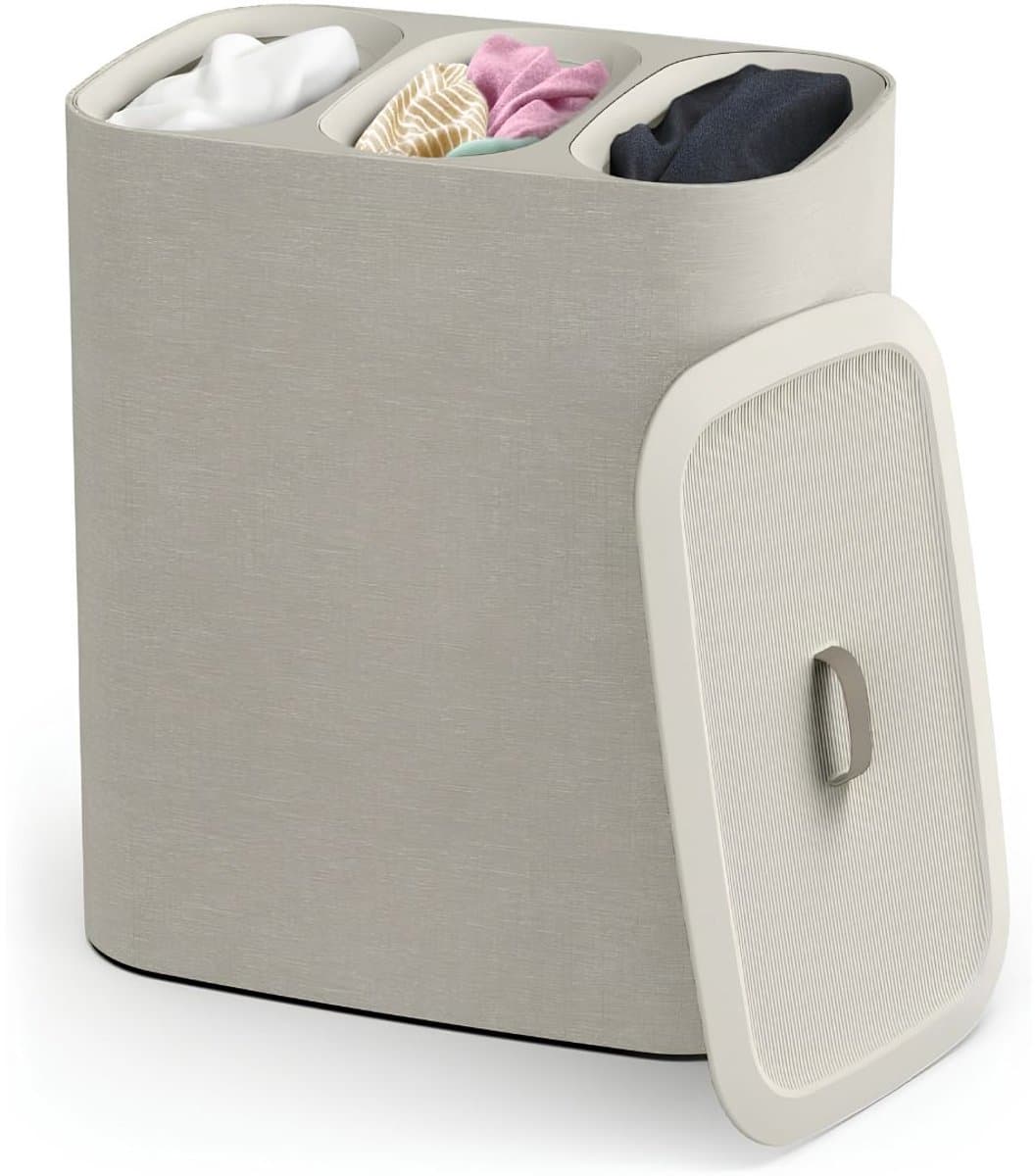 JCP® Wasmand - 90L - Wasmand 3 Vakken - Wasmand met Deksel - Beige - 40cm x 59cm x 71cm — afbeelding 1