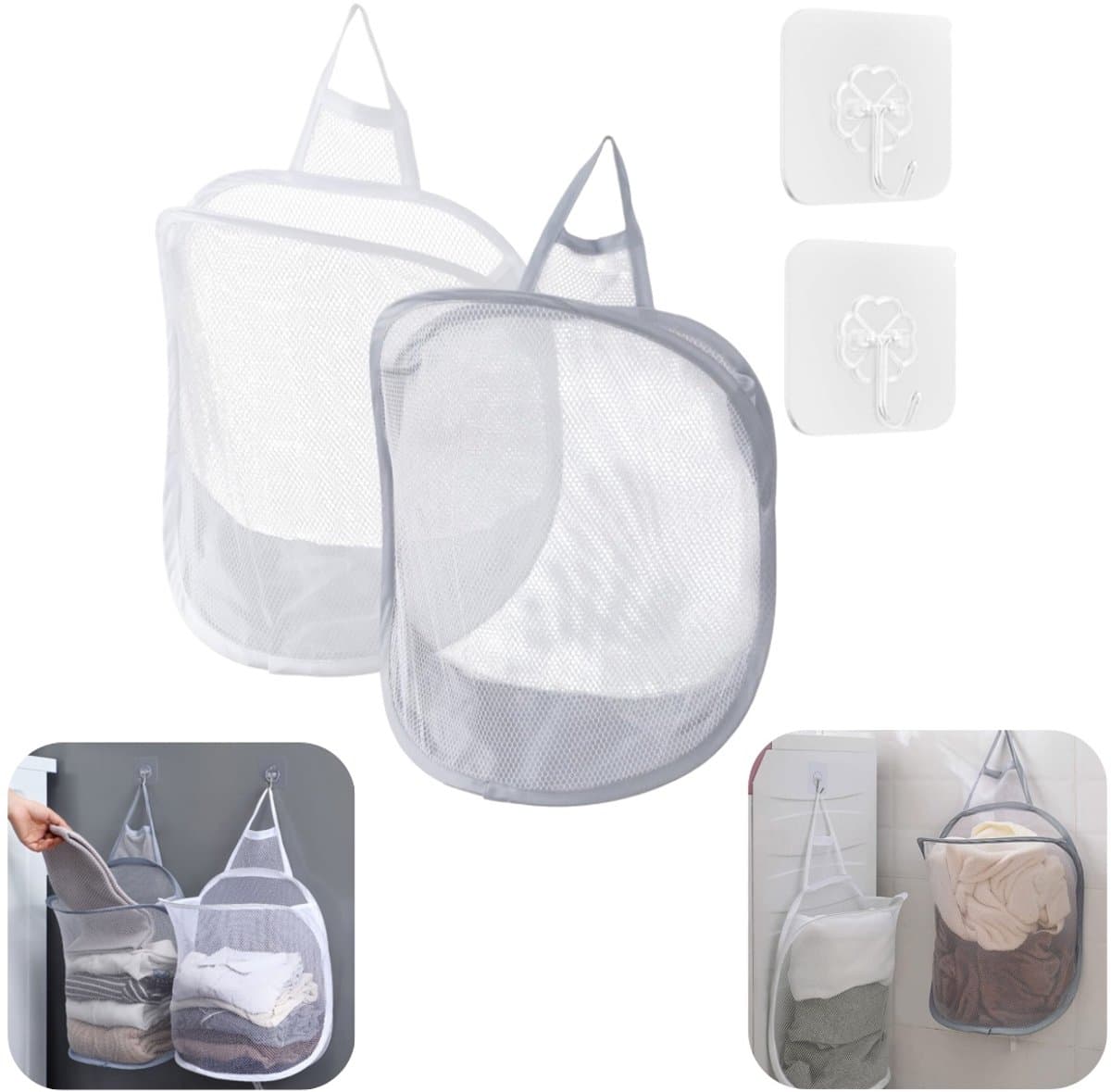 Set van 2 wasmanden - Kledingmand - Speelgoedopbergtas - Wandwasmand - Opbergtas van gaas - Toiletartikelenmand - Met handvat - Opvouwbare wasmand - Voor kleding, speelgoed, kampeerspullen, handdoeken (30*40*18 cm - Diverse kleuren) — afbeelding 1
