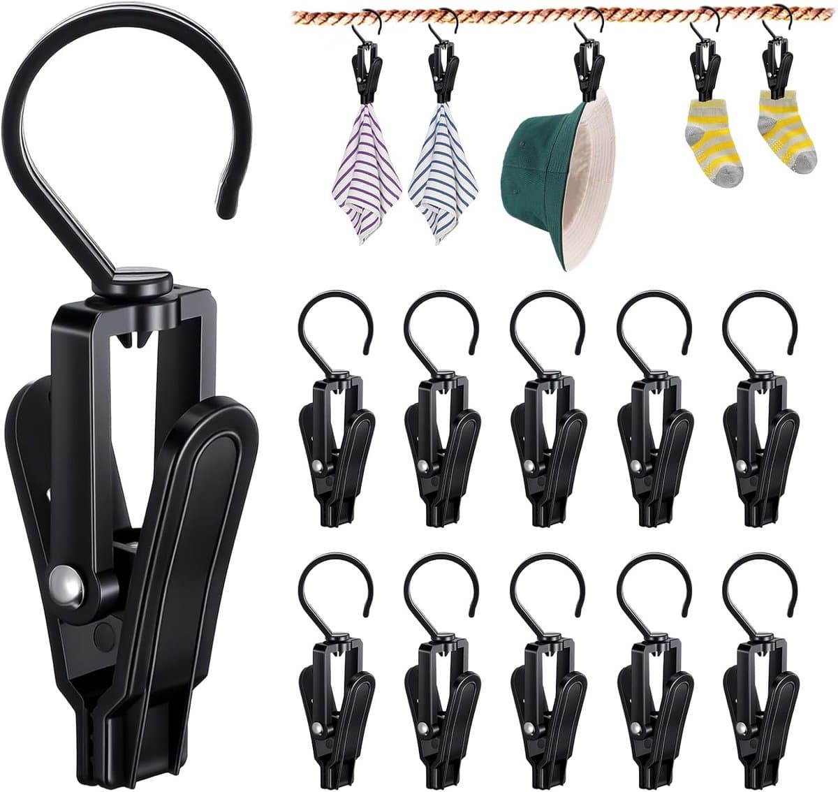 SnelShoppen - 10 Pcs Grote Was Haken Towel Clips 360° Draaibare Haak PP Plastic Zwart Antislip Kleding Clips voor Handdoeken, Hoeden, Jurken en Badhan — afbeelding 1