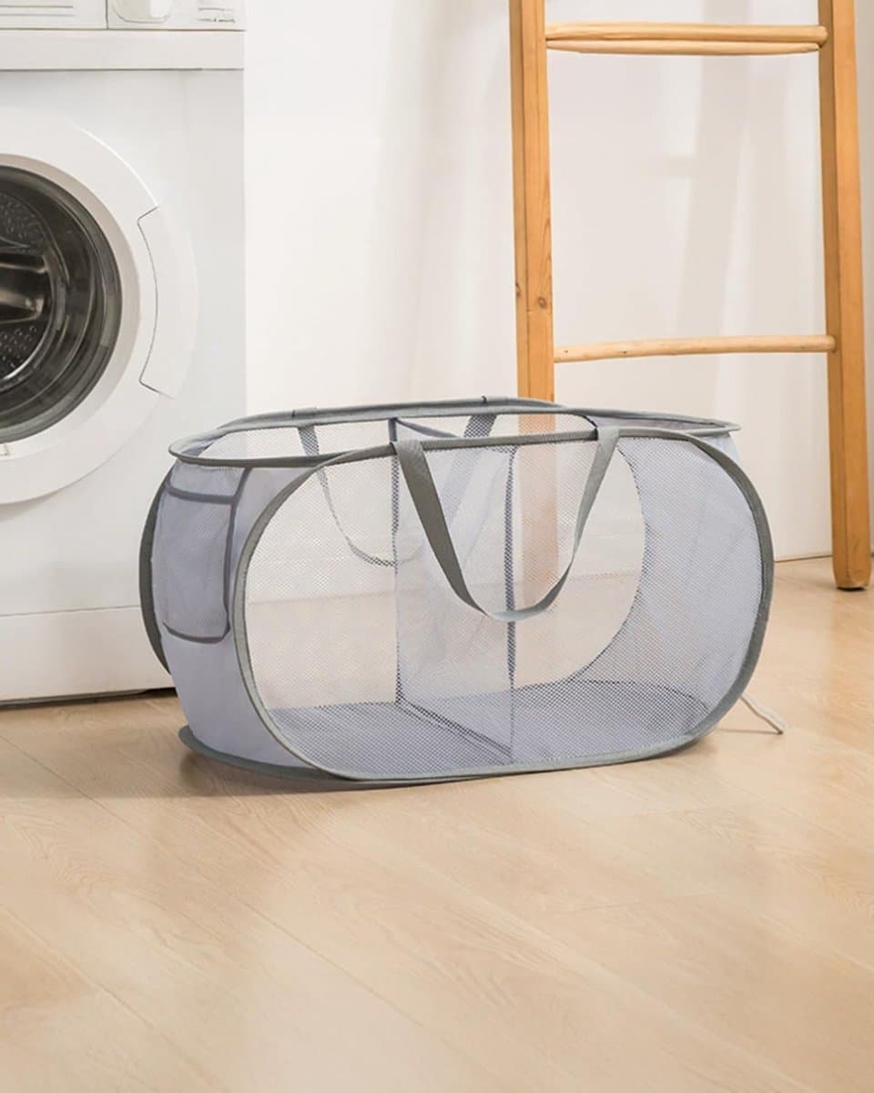 Opvouwbare wasmand voor huishoudelijk gebruik - Wasmand van gaas - Ademende wasmand - Met tussenschotten en handvatten - Verdikt - 2 tussenschotten - Grijs — afbeelding 1