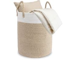 Lemonmax Ronde wasmand opbergmand - Gevlochten speelgoedmand met handvatten 58 L - Voor kinderkamer slaapkamer woonkamer - 38x50 cm - Wit Bruin