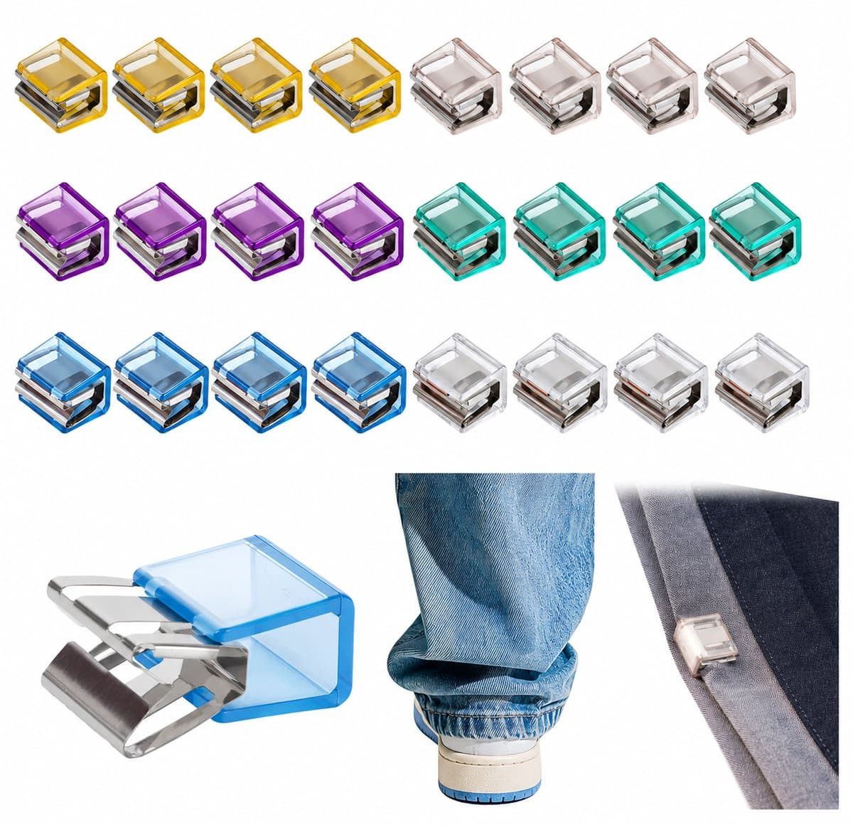 Broekspijp Inkorter Clips - 24 Stuks - Kledingclips voor Wijde Broeken, Jeans & Lange Broekspijpen - Onzichtbare Broekspijp Klemmetjes Tegen Slepen - 6 Kleuren - Mode Gadgets — afbeelding 1